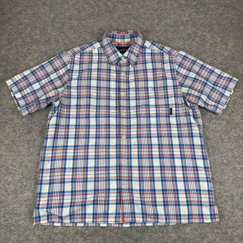 Orvis Button Down Shirt Plaid Red White Blue Pocket Mens Large L